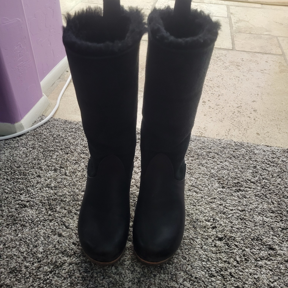 Women's Black Suede & Leather Clog Boots - Mid Calf - Picture 9 of 10
